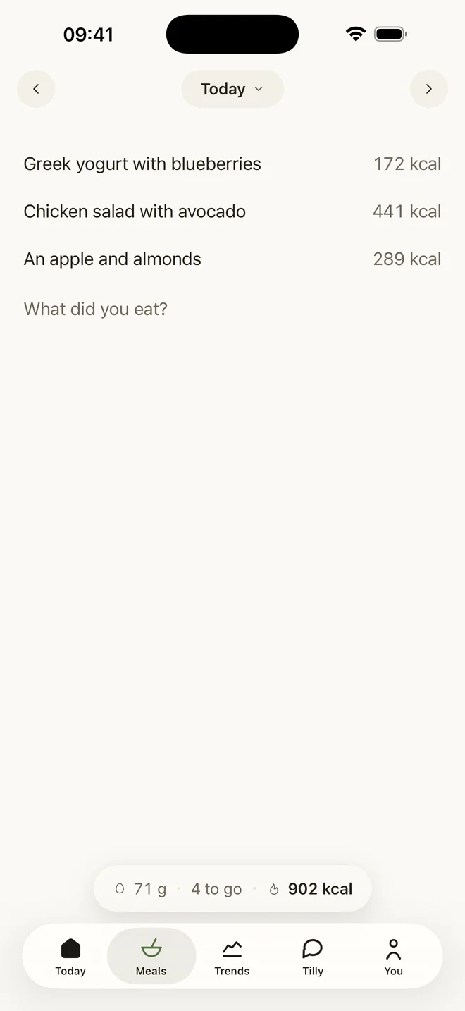 The Meals page: a day's lines with their calories, written like notes
