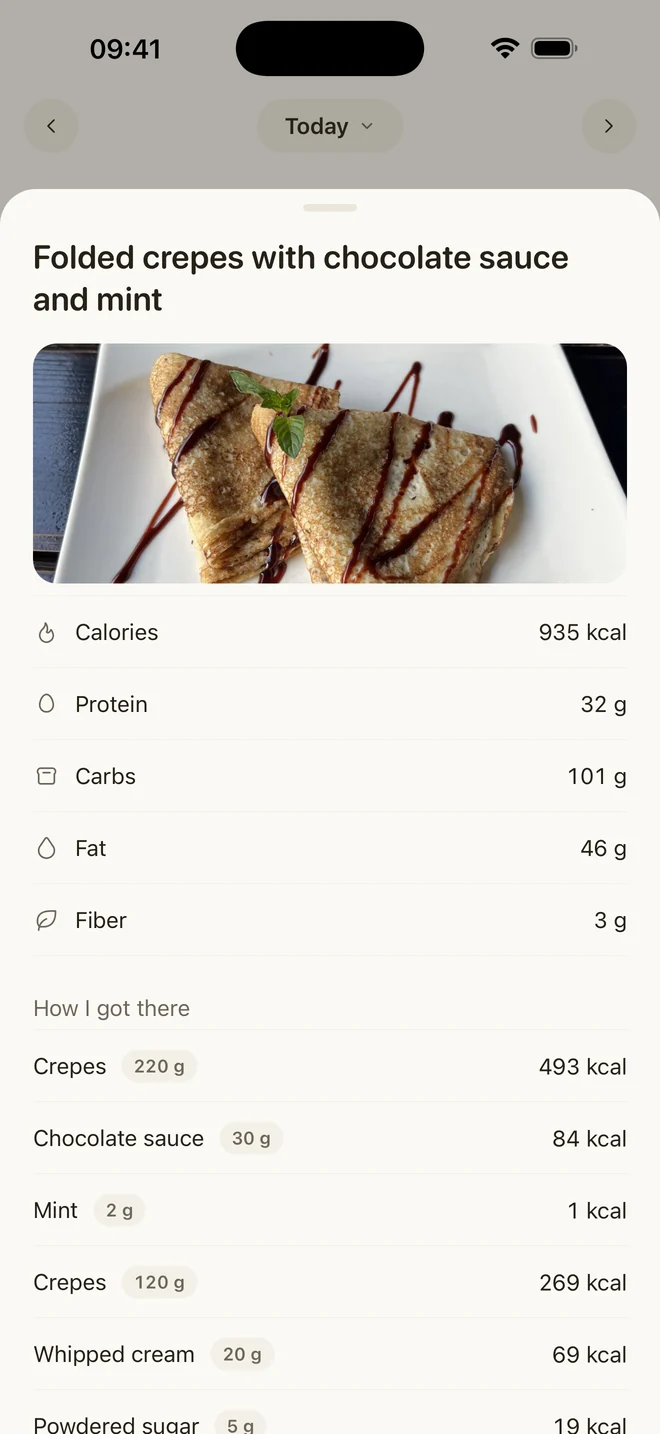 A photo of crêpes read into foods, grams and calories